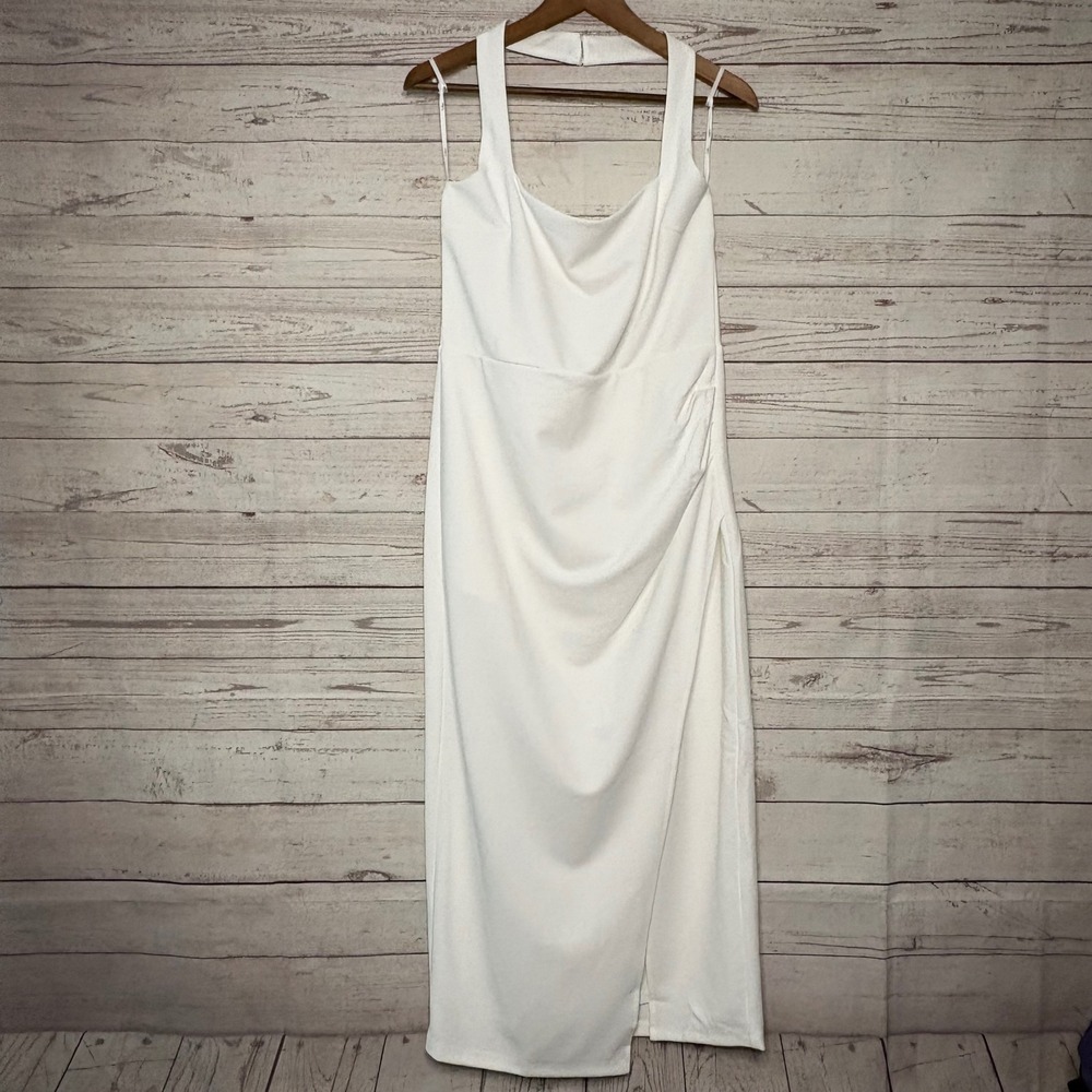 Lulus White Cowl Neck Midi Dress Stretch Crepe Side Slit XL NWT